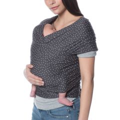 Mom wearing baby inward facing in Aura Wrap Twinkle Grey Baby Carrier